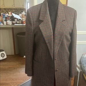 Eddie Bauer Women's Red and Gray Plaid Blazer vintage